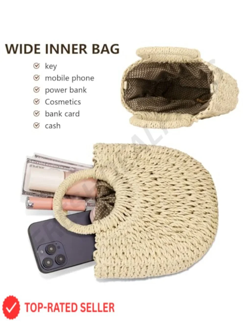 Handwoven Straw Hobo Bag Women Crossbody Beach Purse Seagrass Rattan Shoulder